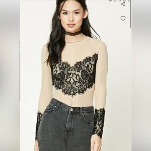 FOREVER 21 Tan Bodysuit with black lace Size M